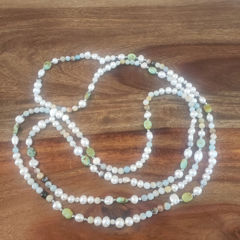 Fresh water pearl and natural stone long necklace.